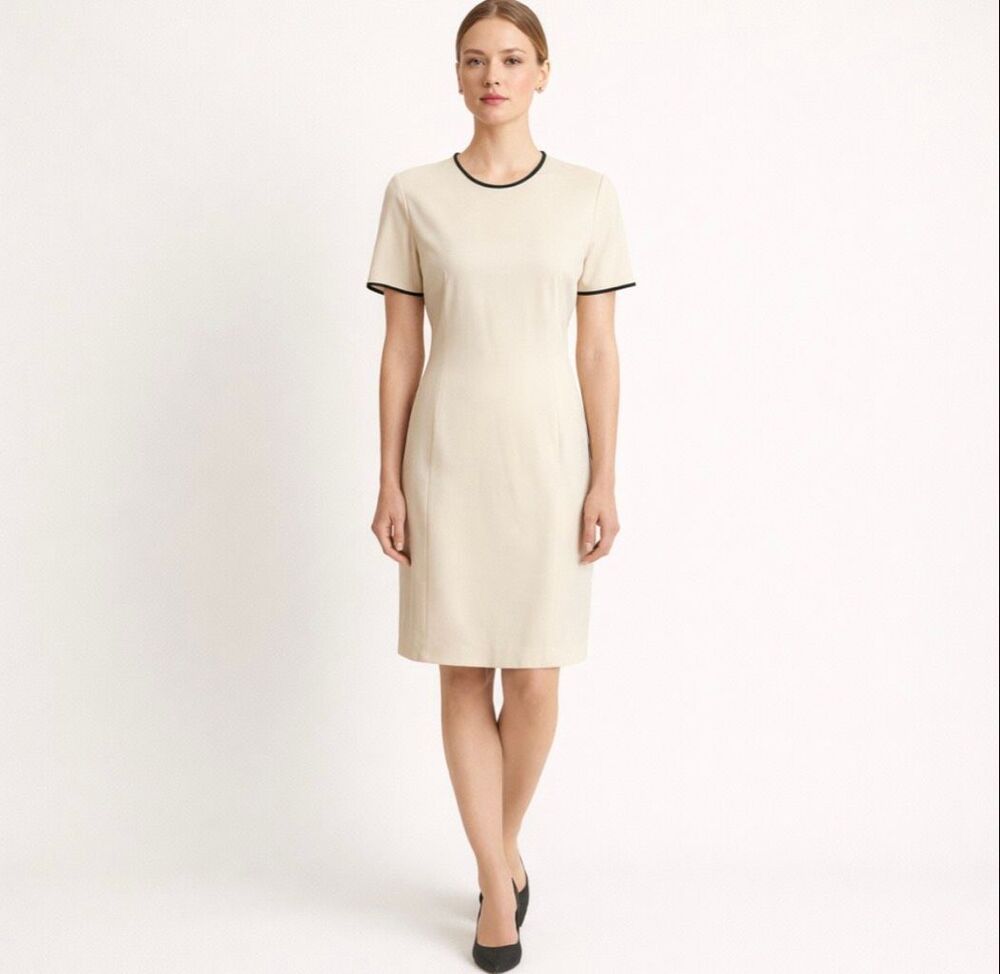 Vintage Escada Margaretha Ley Virgin Wool Sheath Dress Cream Black 34 XS